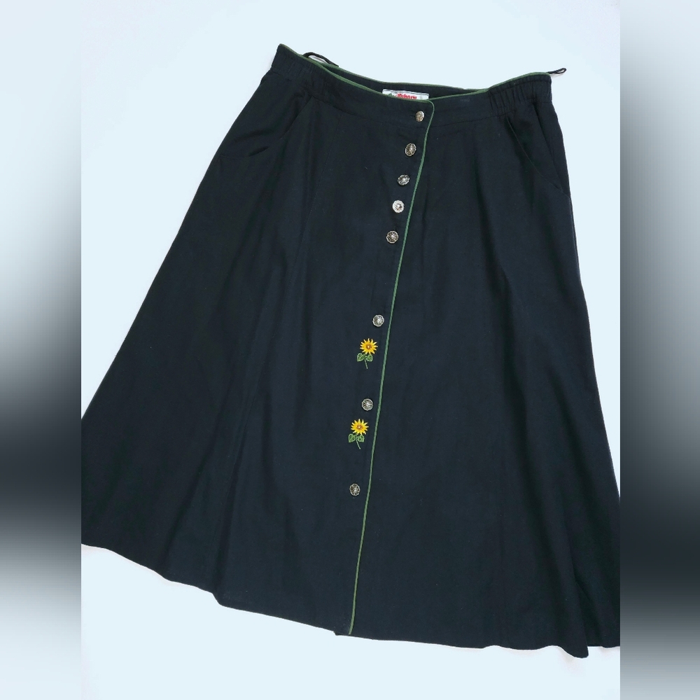 Alphorn Cotton Linen Sunflower Embroidered Skirt Lagenlook Navy Blue Women's 48